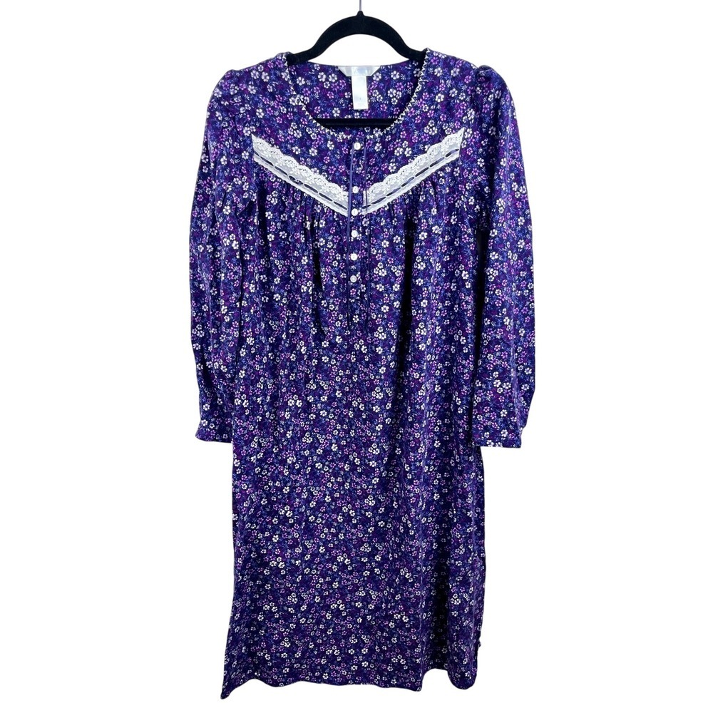 Adonna Nightgown Womens Small Purple Floral Lace Cottagecore Long Sleeve S